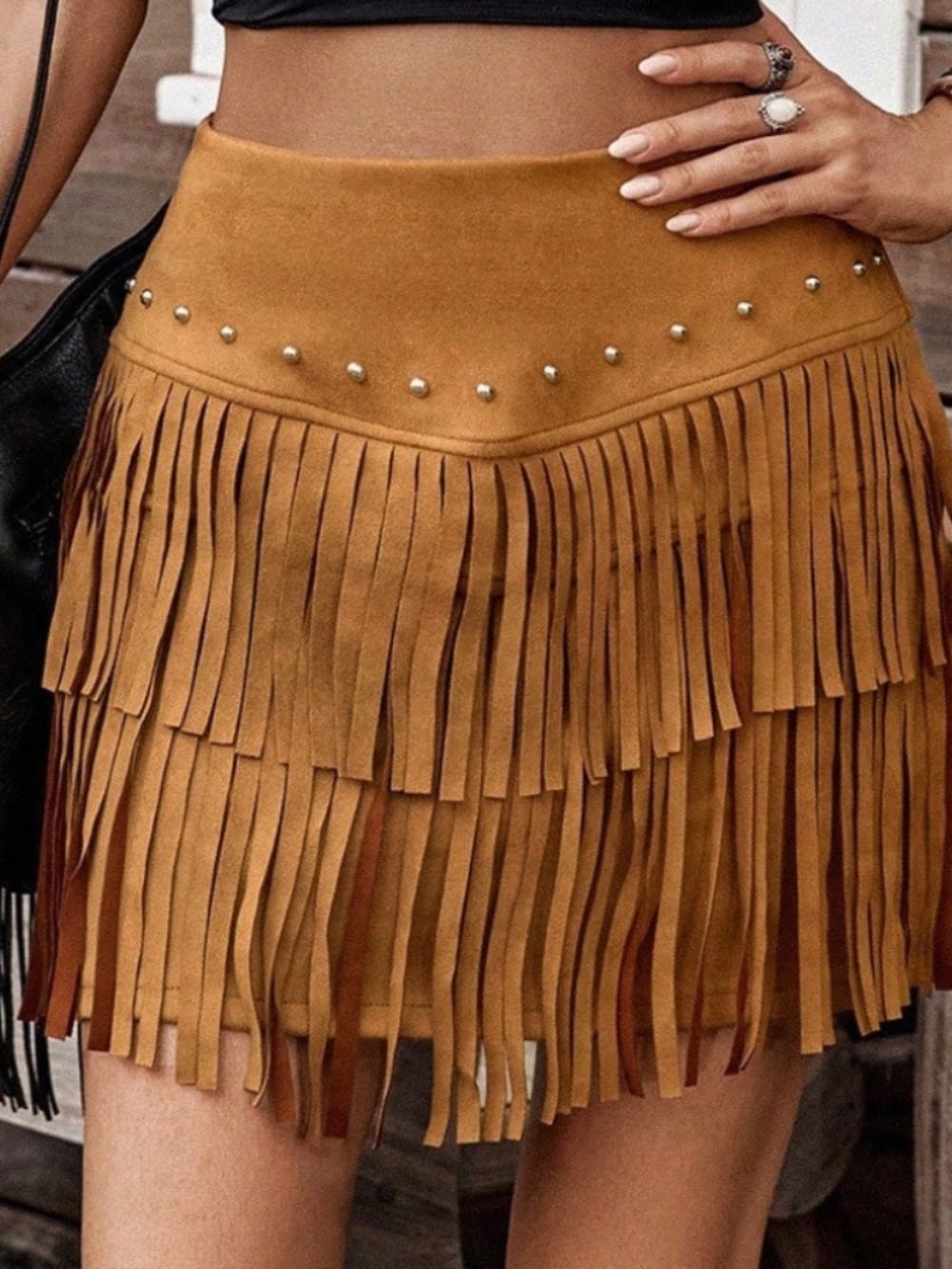 Western Vegan Suede Studded Tassel Detail Skirt - Picture 4 of 5